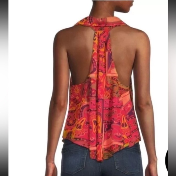 Free People Floral Paisley Top Sleeveless Large Pink Flowy Lined Boxy P - Picture 4 of 9